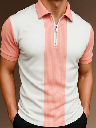Try This Colorblock Men Zip Neck Pink T-Shirt
