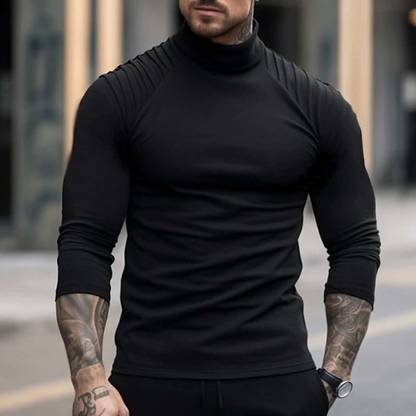 Jump Cuts Solid Men High Neck Black T-Shirt
