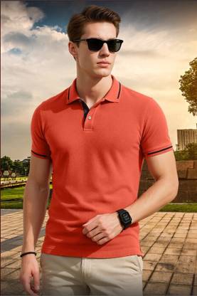Veirdo Solid Men Polo Neck Orange T-Shirt