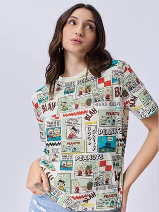 The Souled Store Printed Women Round Neck White T-Shirt