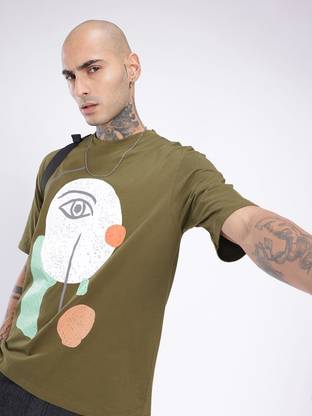 Glitchez Printed Men Round Neck Green T-Shirt