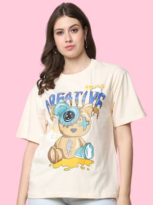 GLOBAL NOMAD Graphic Print Women Round Neck Beige T-Shirt