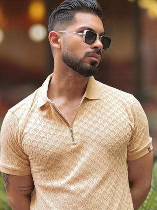 MANIAC Self Design Men Polo Neck Beige T-Shirt