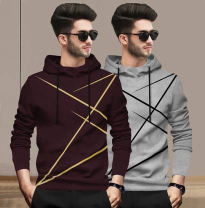 BLIVE Printed Men Hooded Neck Maroon, Grey T-Shirt