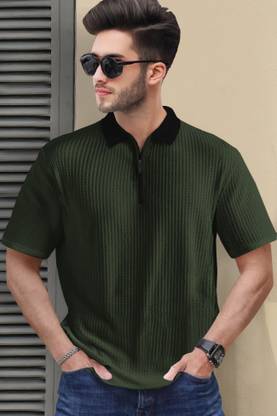TRIPR Solid Men Polo Neck Dark Green, Black T-Shirt