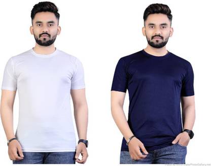 Solid Men Blue, White T-Shirt
