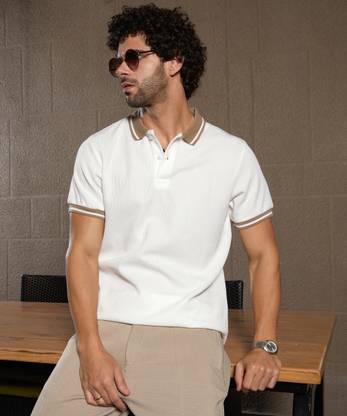 CAMPUS SUTRA Self Design Men Polo Neck White T-Shirt