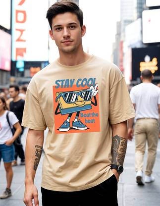 METRONAUT Printed Men Round Neck Beige T-Shirt