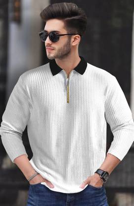 TRIPR Self Design Men Polo Neck White, Black T-Shirt