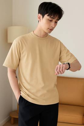 Rockwell Solid Men Round Neck Beige T-Shirt