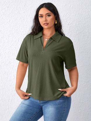Stockton Solid Women Polo Neck Green T-Shirt