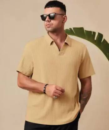 METRONAUT Self Design Men Polo Neck Beige T-Shirt