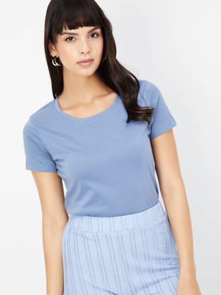 MAX Solid Women Round Neck Blue T-Shirt