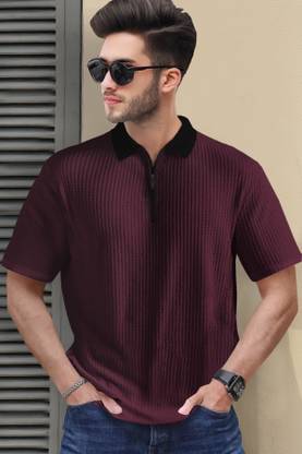 TRIPR Self Design Men Polo Neck Maroon T-Shirt