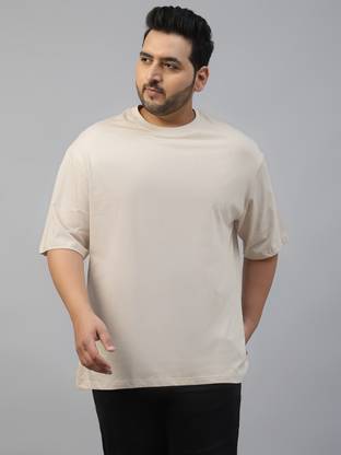 Veirdo Solid Men Round Neck Beige T-Shirt