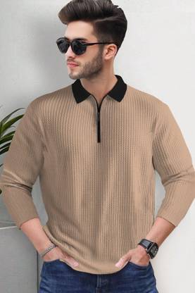 TRIPR Self Design Men Polo Neck Beige, Black T-Shirt