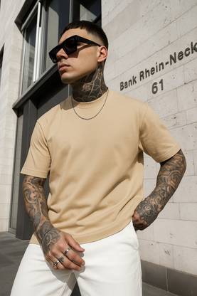Rockwell Solid Men Round Neck Beige T-Shirt