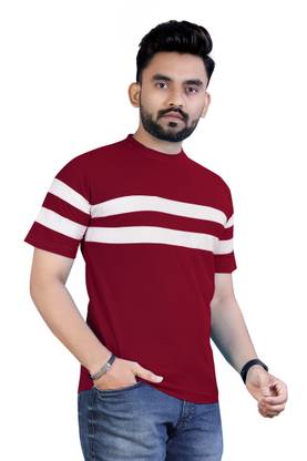 Striped Men Maroon T-Shirt