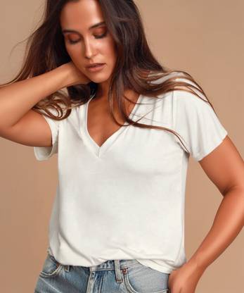 COLOR CAPITAL Solid Women V Neck White T-Shirt