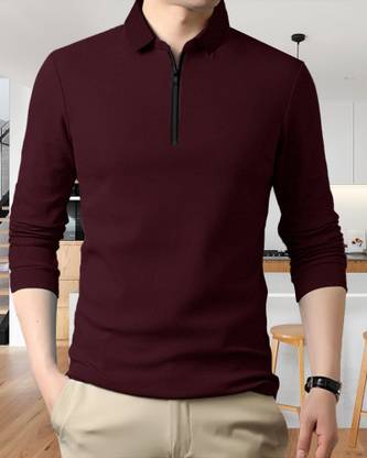 EyeBogler Solid Men Polo Neck Maroon T-Shirt