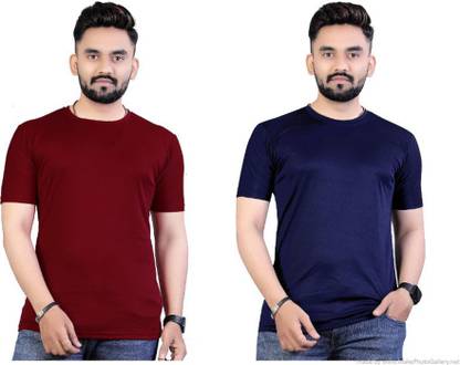 Solid Men Blue, Maroon T-Shirt