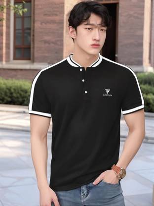 Jump Cuts Colorblock Men High Neck Black T-Shirt