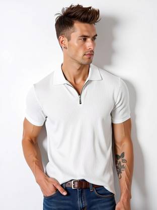 TeeWink Solid Men Zip Neck White T-Shirt