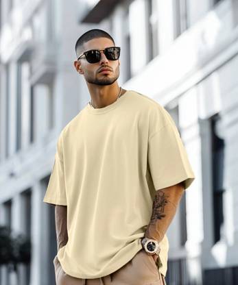 Veirdo Solid Men Round Neck Beige T-Shirt