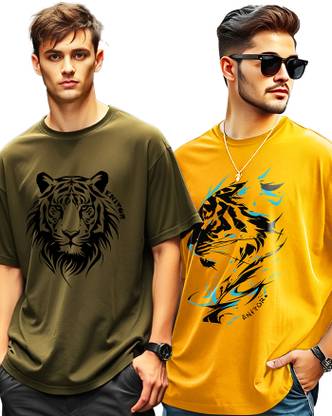 AUSK Printed Men Round Neck Green, Yellow T-Shirt