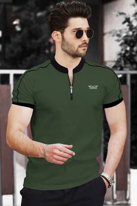 TRIPR Solid Men Mandarin Collar Dark Green T-Shirt