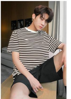 MACK JONNEY Striped Men Round Neck Brown, White T-Shirt