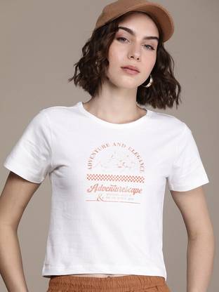 Roadster Printed Women Round Neck White T-Shirt