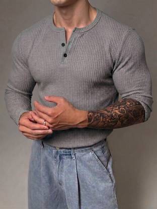 Men Self Design Henley Neck Cotton Blend Grey T-Shirt