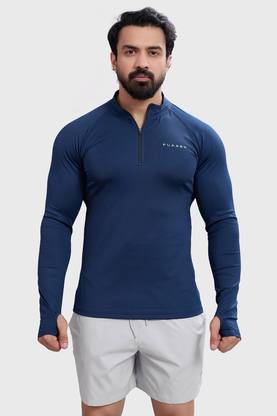 FuaarK Solid Men Zip Neck Navy Blue T-Shirt