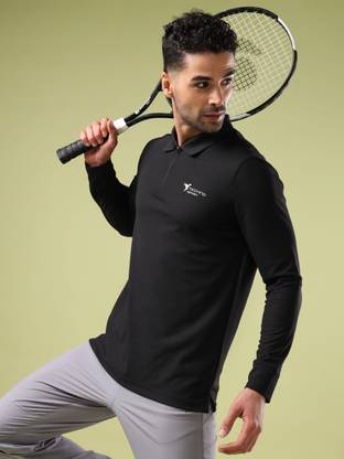 TECHNOSPORT Solid Men Zip Neck Black T-Shirt