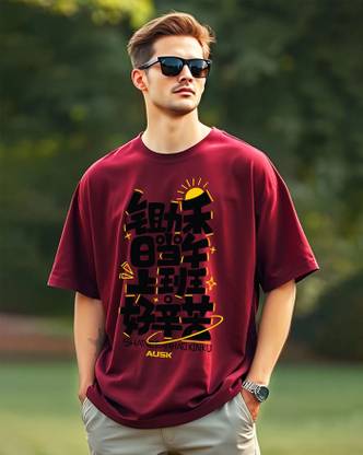 AUSK Printed Men Round Neck Maroon T-Shirt
