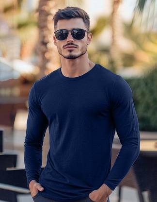Veirdo Solid Men Round Neck Navy Blue T-Shirt