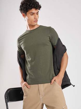 NOBERO Solid Men Round Neck Green T-Shirt