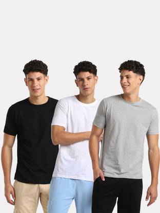 NOBERO Solid Men Round Neck Black, White, Grey T-Shirt