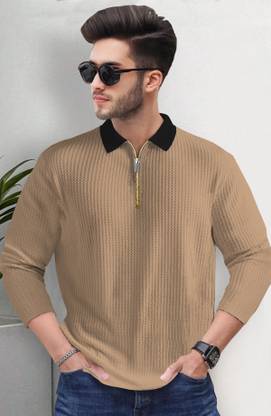TRIPR Self Design Men Polo Neck Beige, Black T-Shirt