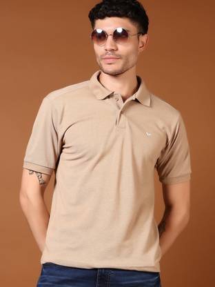 V-MART Solid Men Polo Neck Beige T-Shirt