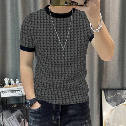 KAJARU Printed Men Round Neck Black, Grey T-Shirt