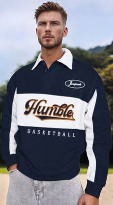 Jump Cuts Printed Men Polo Neck Navy Blue T-Shirt