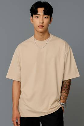 JUGULAR Solid Men Round Neck Beige T-Shirt
