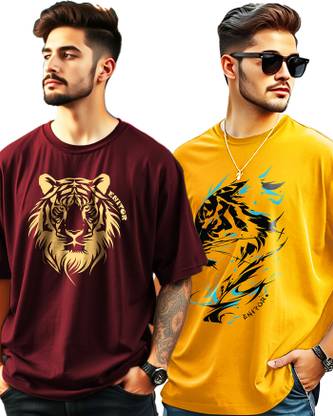 AUSK Printed Men Round Neck Maroon, Yellow T-Shirt