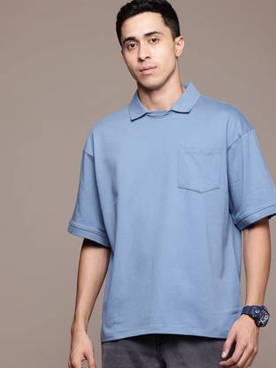 Roadster Solid Men Polo Neck Blue T-Shirt