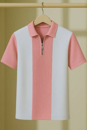 Try This Checkered Men Zip Neck White, Pink T-Shirt