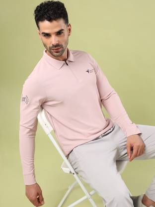 TECHNOSPORT Solid Men Zip Neck Pink T-Shirt