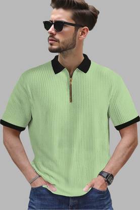 Conway Self Design Men Zip Neck Light Green T-Shirt