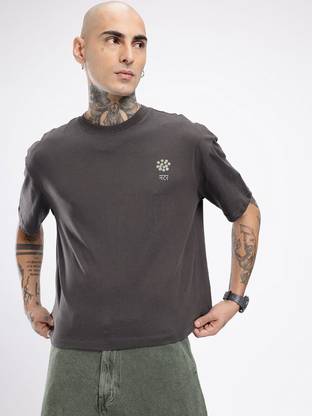 Glitchez Solid Men Round Neck Grey T-Shirt